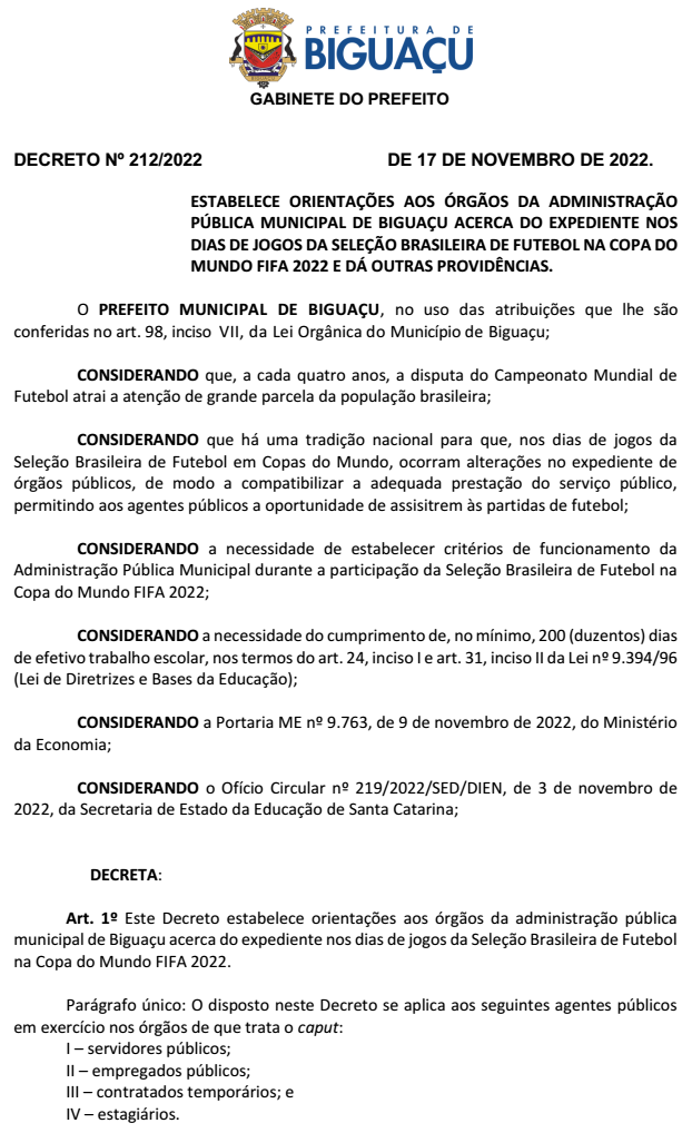 Decreto Municipal: Horários em dias de jogos da Copa do Mundo FIFA 2022 -  Prefeitura Municipal de General Carneiro